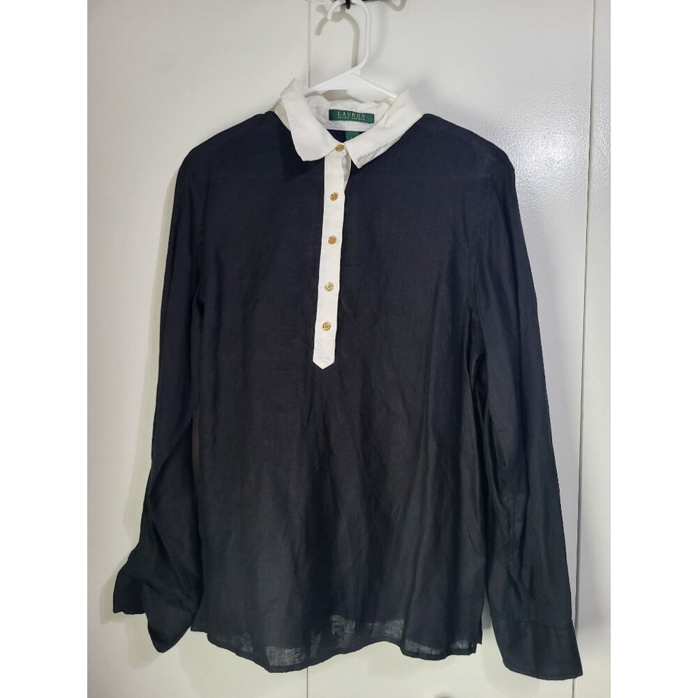LAUREN RALPH LAUREN Women's SZ L Black Linen Blouse White Collar Gold Buttons - Picture 2 of 7